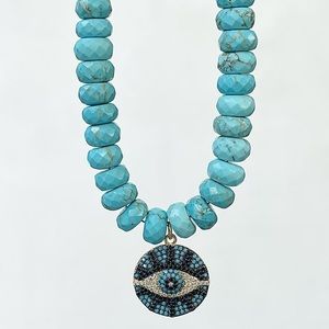 10mm turquoise rondelle faceted gemstone beads 18k gold fill evil eye charm.